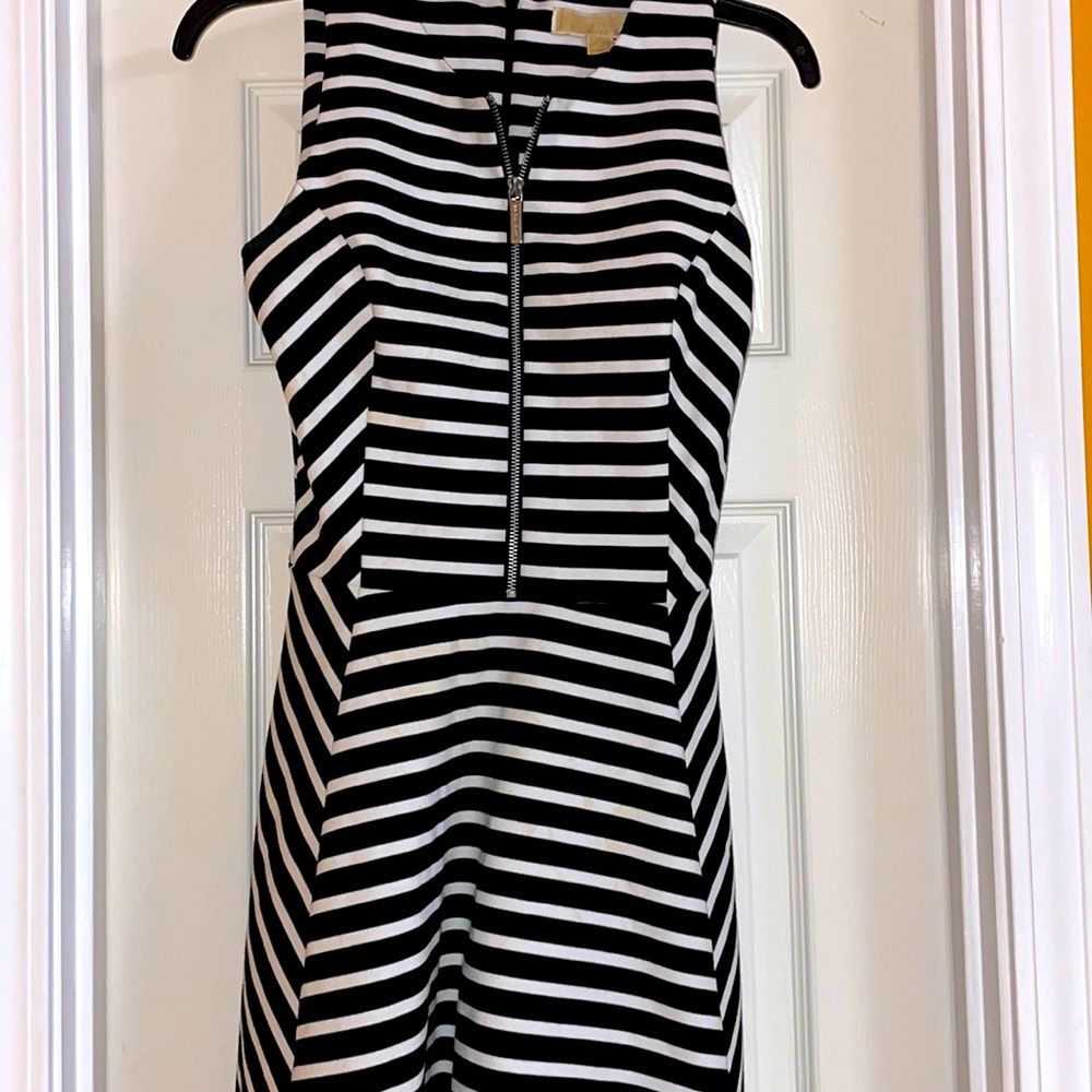 Black & White Striped Front Zipper Dress